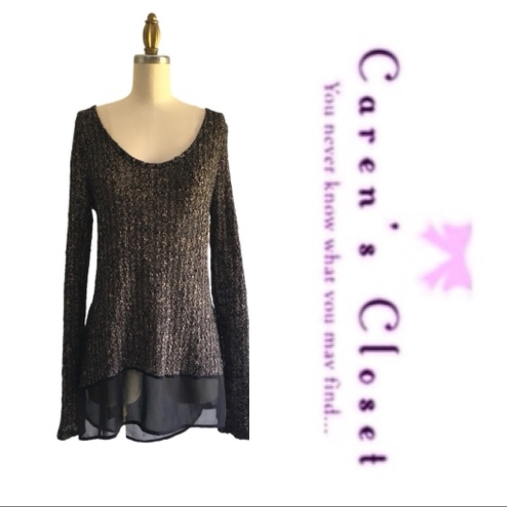 Lush Taupe & Black Knit Sweater with Attached Chiffon Shirt Hem Top.